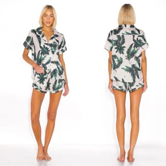 Revolve Plush Women’s Size S Pink Jungle Print Satin Pajama Set Tropical Shorts